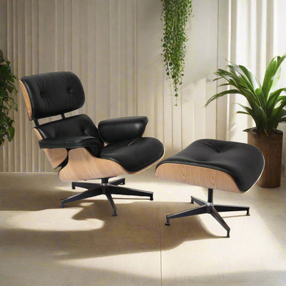 Charles Eames Style Lounge Chair with Ottoman |Black Waxed Leather | Ash Wood