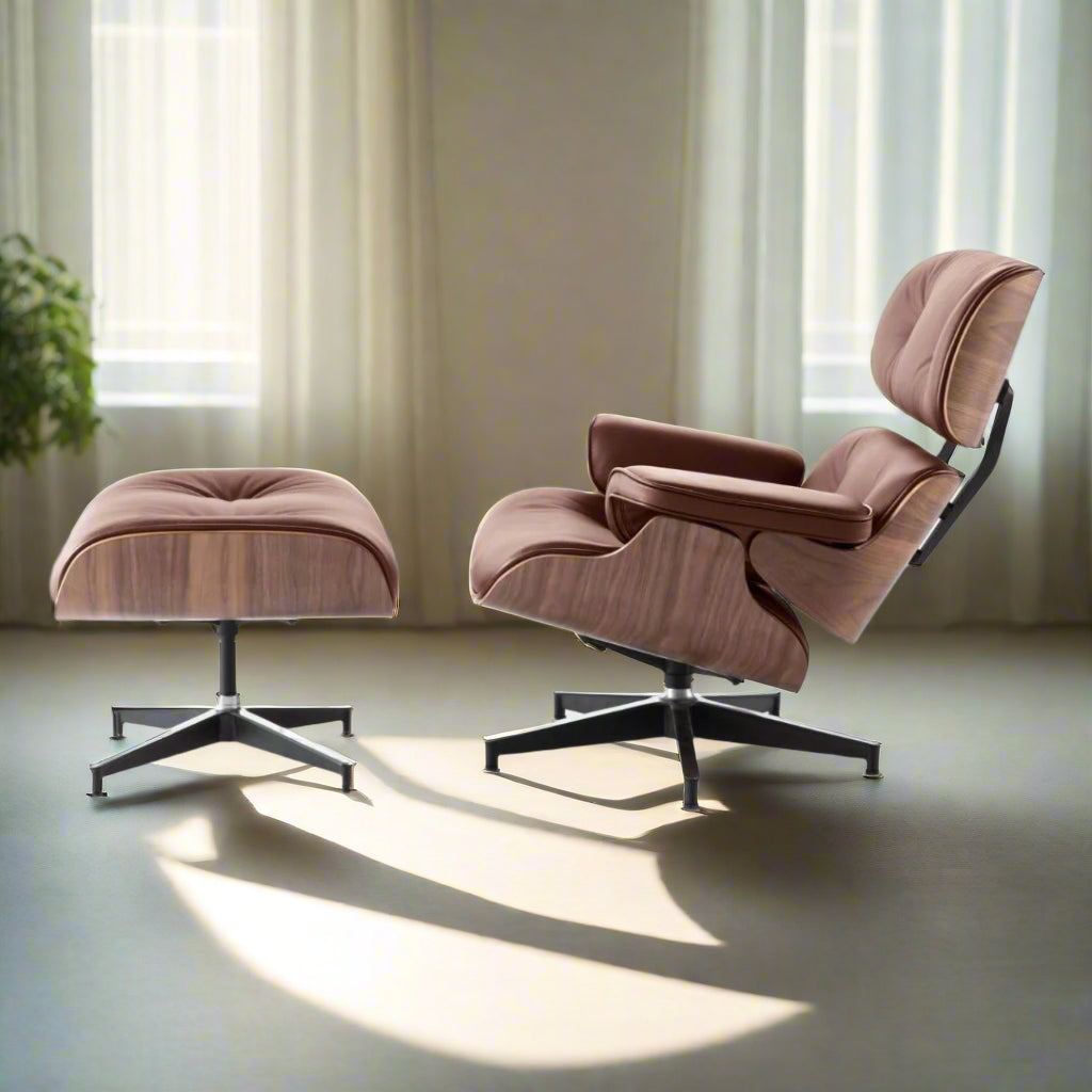 Charles Eames Style Lounge Chair with Ottoman | Brown Waxed Leather | Walnut  Wood