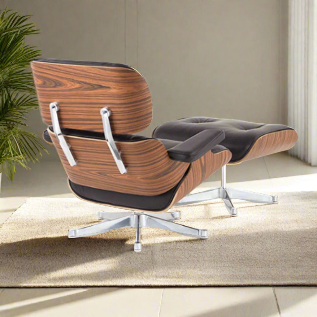 Charles Eames Style Lounge Chair with Ottoman | Black Waxed Leather | Rose Wood