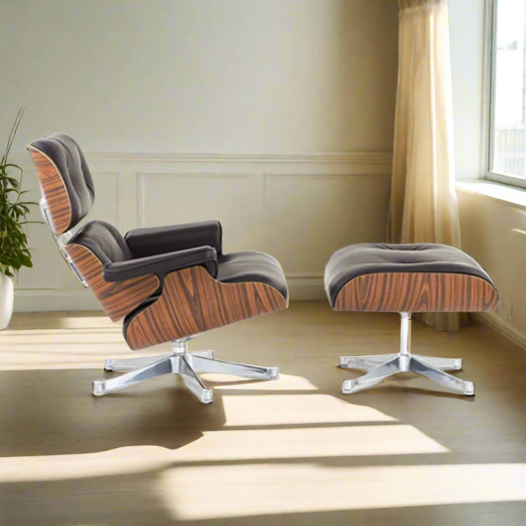 Charles Eames Style Lounge Chair with Ottoman | Black Waxed Leather | Rose Wood