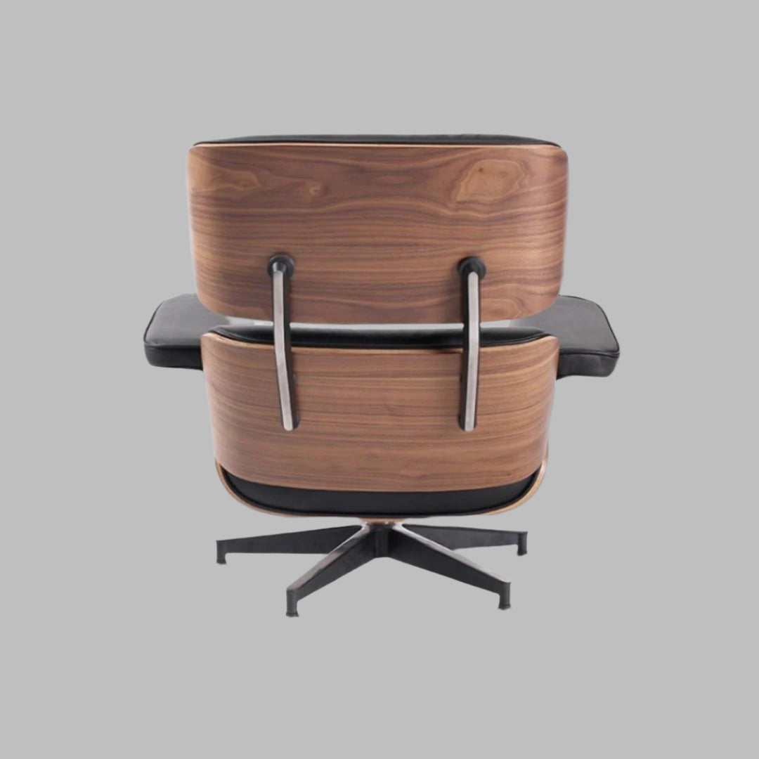 Charles Eames Style Lounge Chair with Ottoman | Black Waxed Leather | Walnut  Wood
