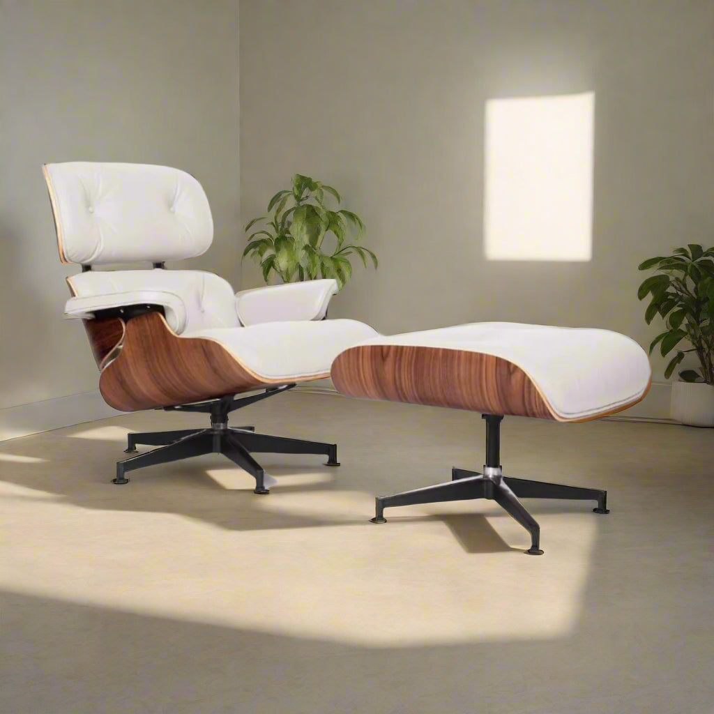 Charles Eames Style Lounge Chair with Ottoman | White Waxed Leather | Walnut  Wood