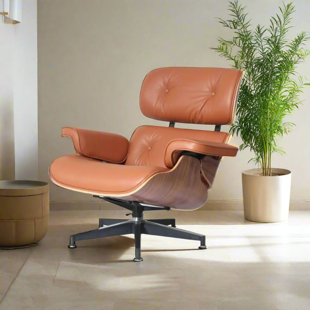 Charles Eames Style Lounge Chair with Ottoman |Tan Borwn Waxed Leather | Walnut  Wood