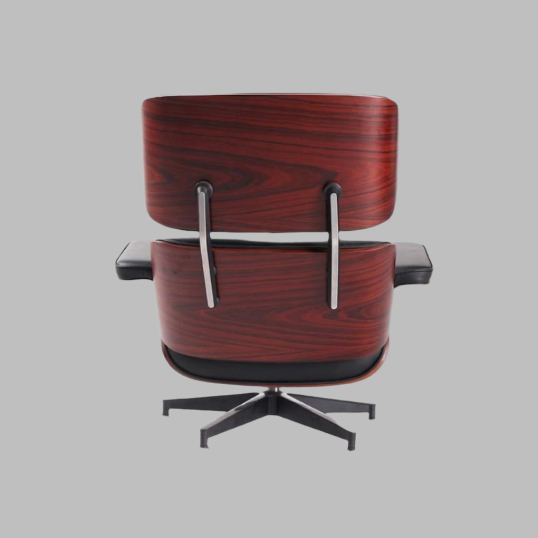 Charles Eames Style Lounge Chair with Ottoman | Black Waxed Leather | Dark Rose Wood
