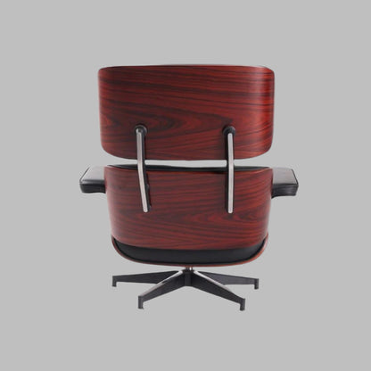 Charles Eames Style Lounge Chair with Ottoman | Black Waxed Leather | Dark Rose Wood