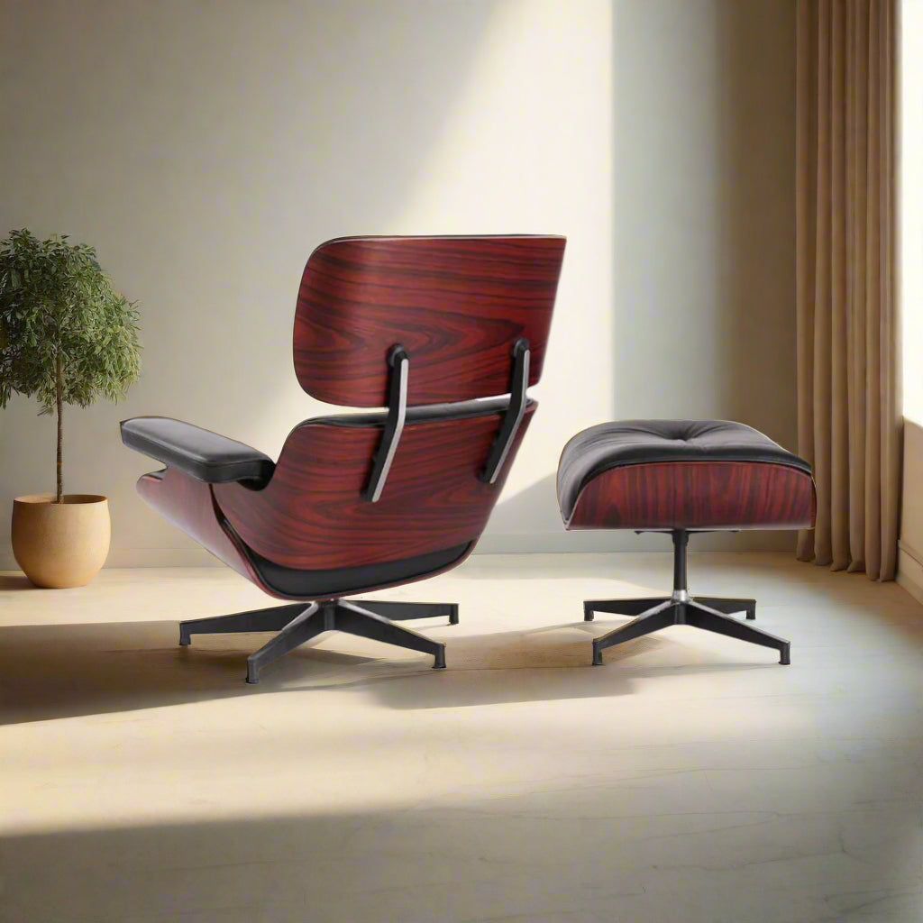 Charles Eames Style Lounge Chair with Ottoman | Dark Rose Wood |Black