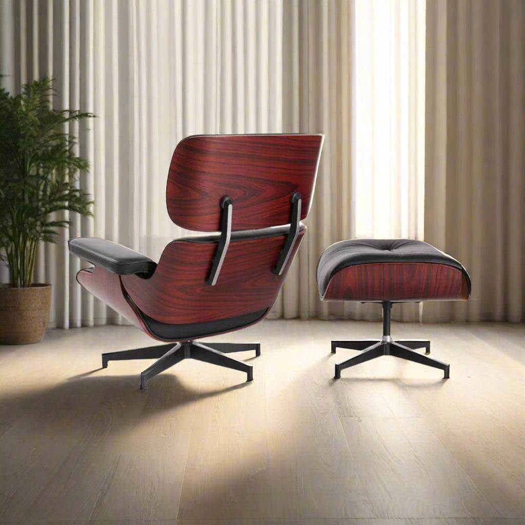 Charles Eames Style Lounge Chair with Ottoman | Black Waxed Leather | Dark Rose Wood