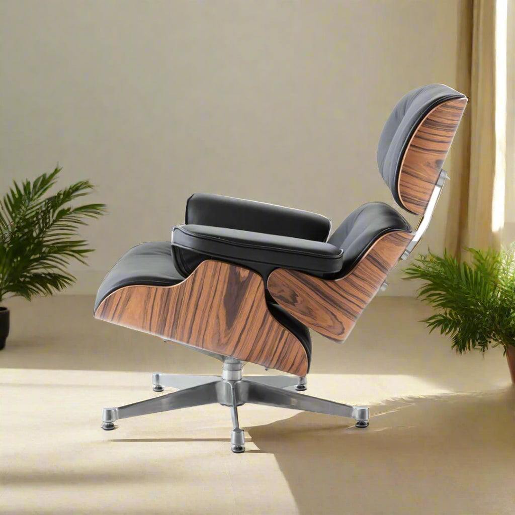 Charles Eames Style Lounge Chair with Ottoman | Black Waxed Leather | Rose Wood
