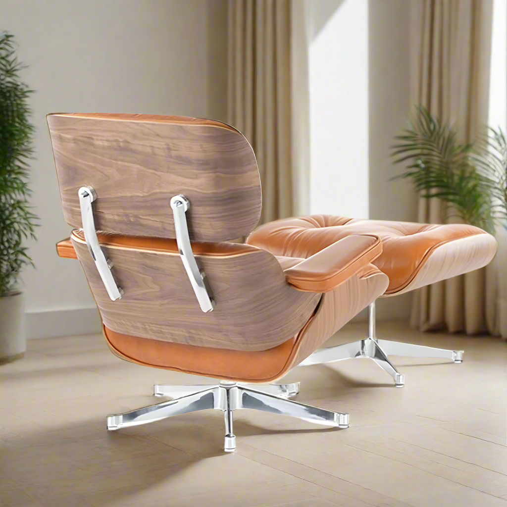 Charles Eames Style Lounge Chair with Ottoman | Caramel Brown Waxed Leather | Walnut  Wood